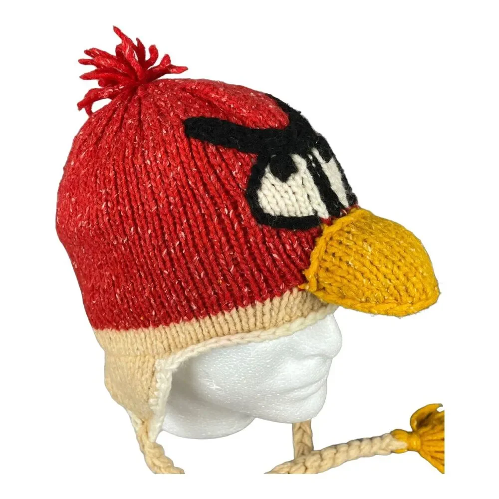 Angry Birds Beanie Crochet Hand made Wool blend Hat Cap Red Yellow Tassels